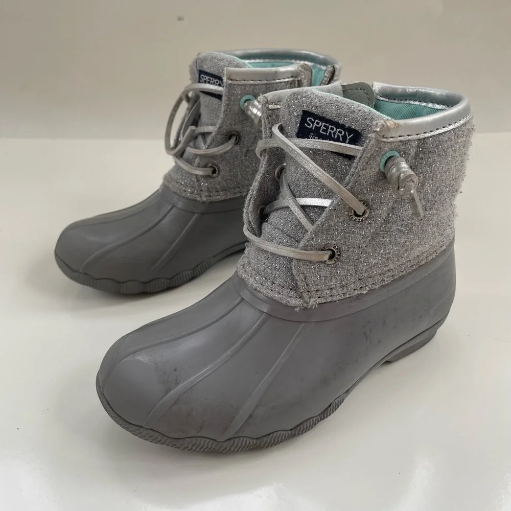 Sperry Top-Sider Kids Glitter Grey Gray Silver Saltwater Duck Boots Size 10